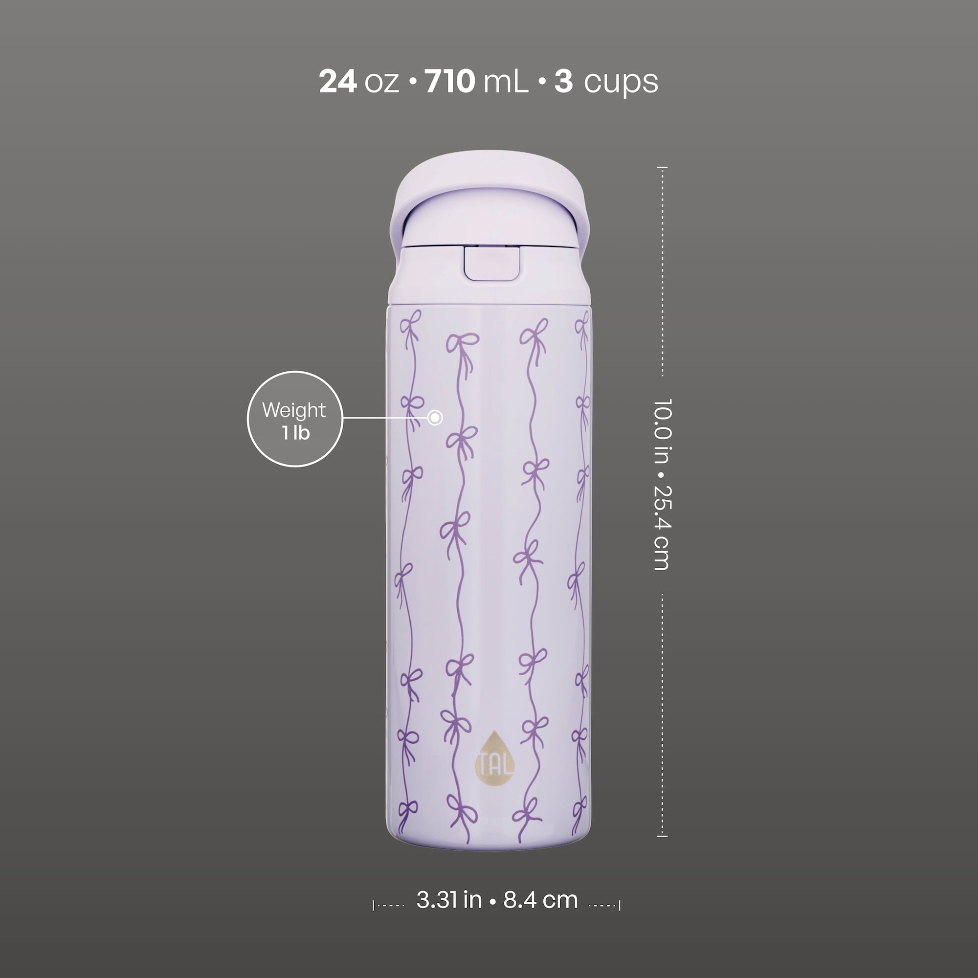 TAL 24oz Insulated Stainless Steel Water Bottle with 2-in-1 Straw & Chug Lid, Purple Bows