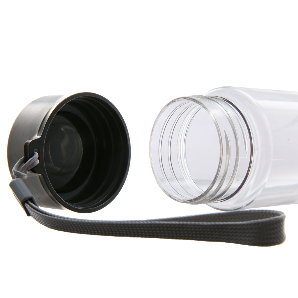 Mainstays 18 oz Plastic Clear Water Bottle Stainless Steel Screw Cap Lid with Strap, 1 Each Included
