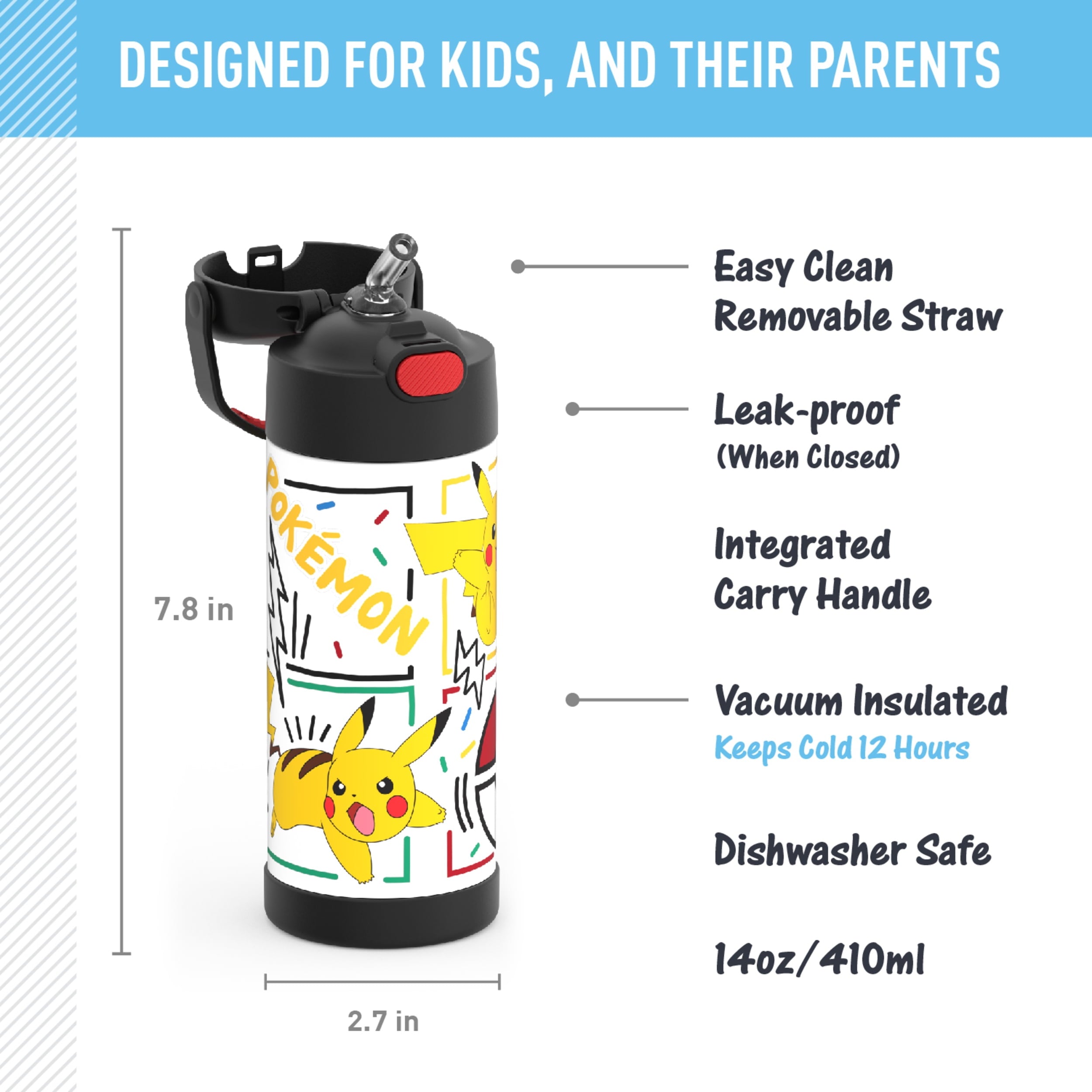 Thermos FUNtainer Pokemon Kids Insulated Water Bottle with Straw, 14oz Stainless Steel, Leak-Proof
