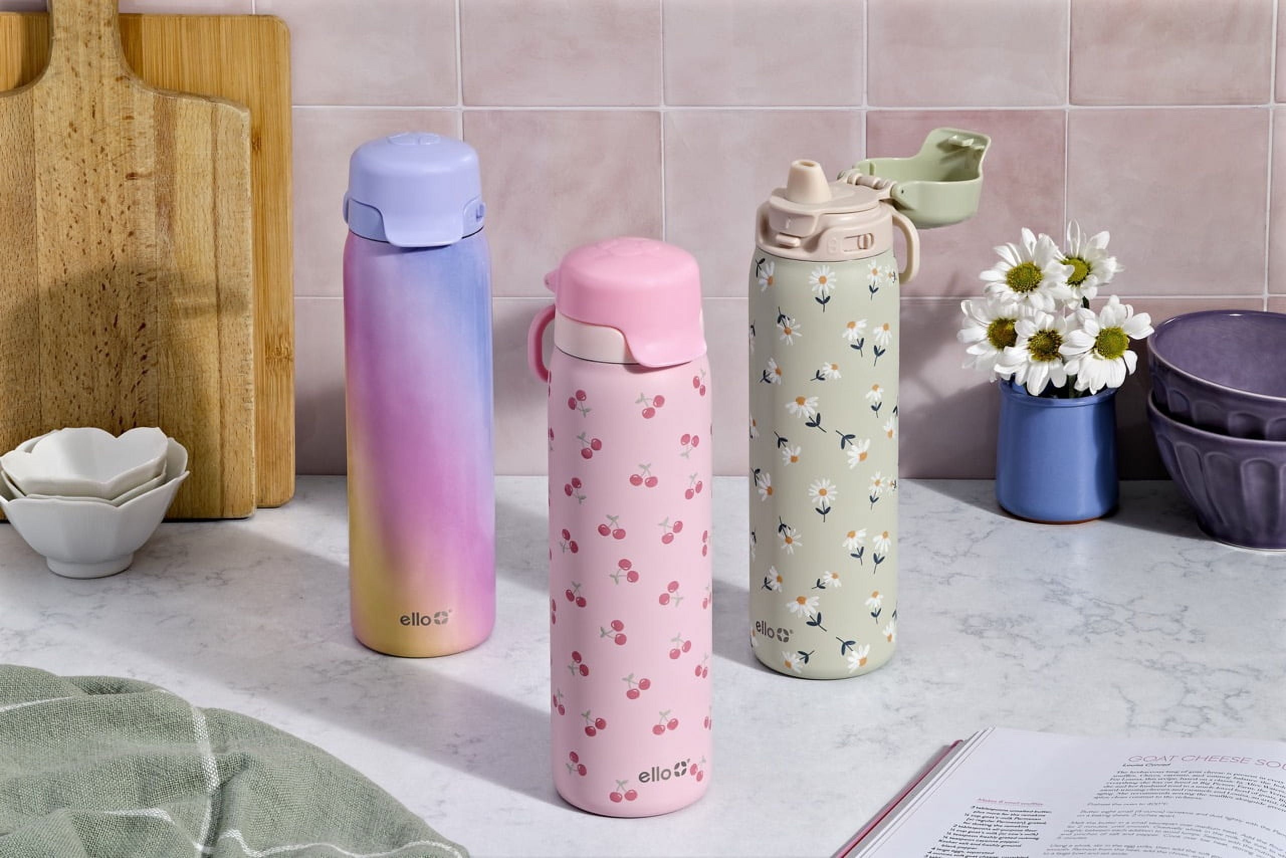 Ello Flip & Fill 22oz Insulated Stainless Steel Water Bottle, Leak-Proof Straw Lid, Cherries
