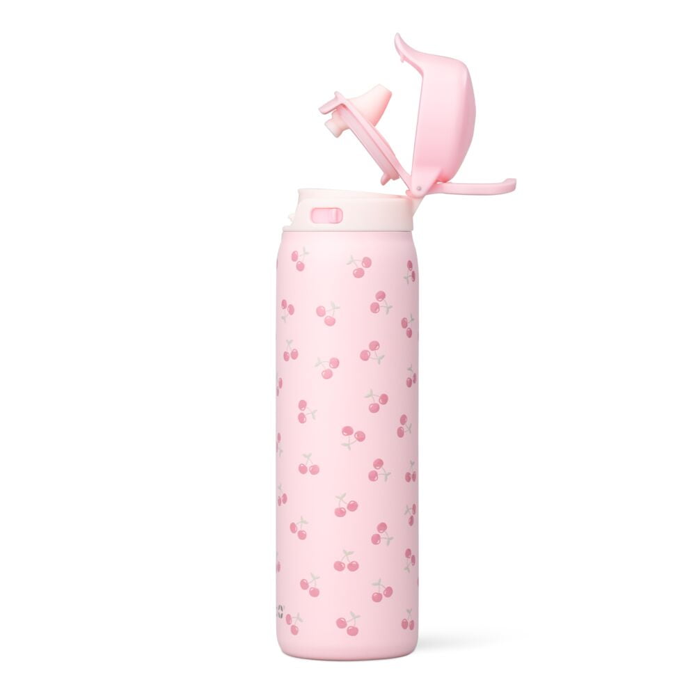 Ello Flip & Fill 22oz Insulated Stainless Steel Water Bottle, Leak-Proof Straw Lid, Cherries