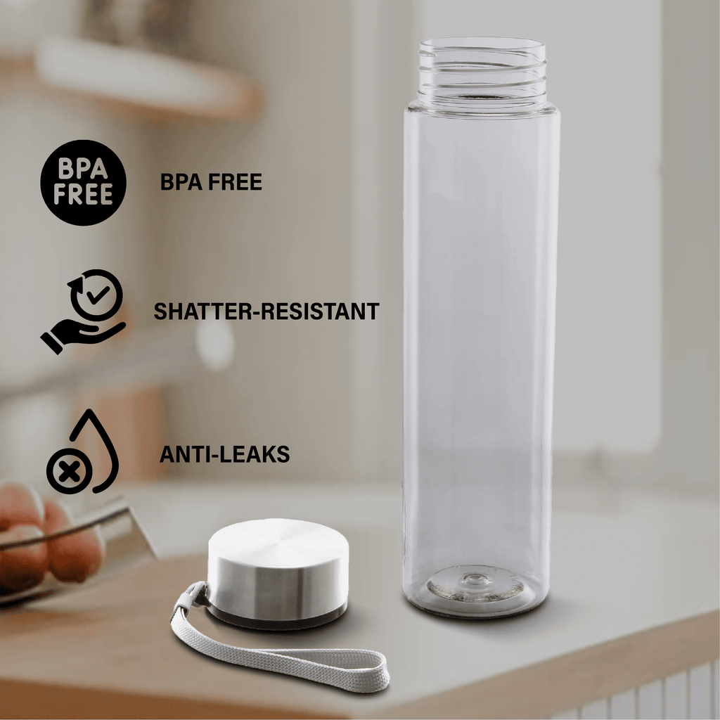 Mainstays 18 oz Plastic Clear Water Bottle Stainless Steel Screw Cap Lid with Strap, 1 Each Included