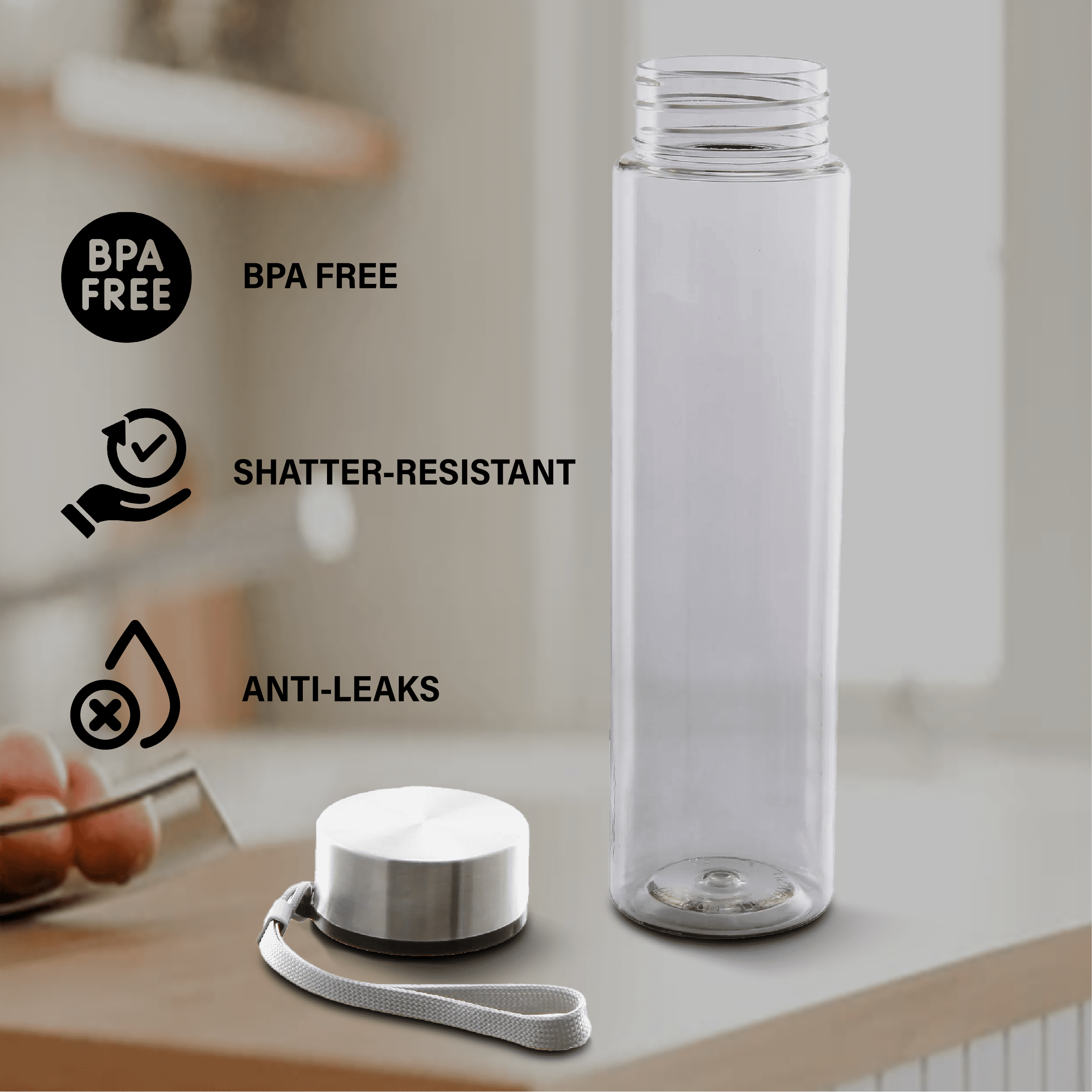 Mainstays 18 oz Plastic Clear Water Bottle Stainless Steel Screw Cap Lid with Strap, 1 Each Included
