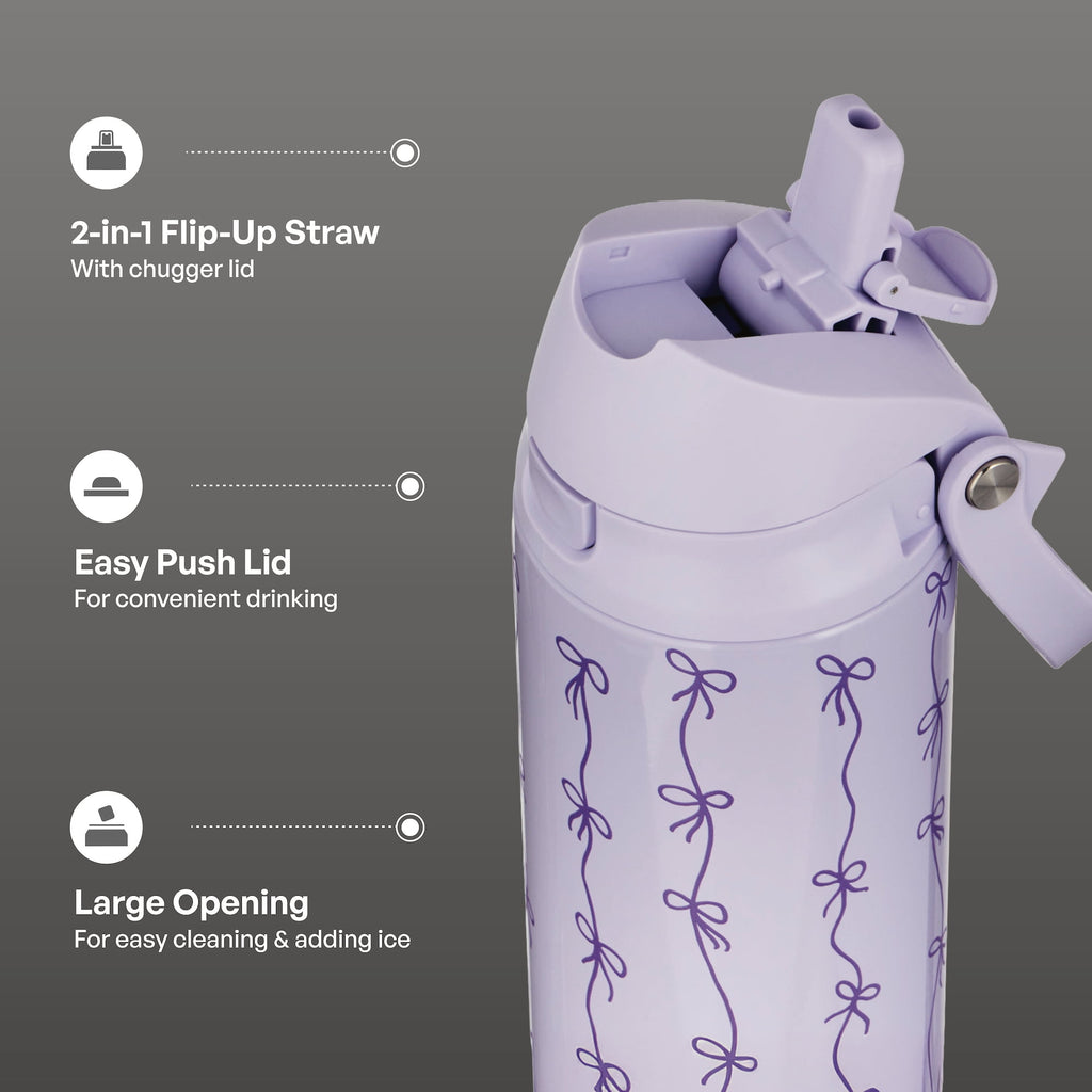 TAL 24oz Insulated Stainless Steel Water Bottle with 2-in-1 Straw & Chug Lid, Purple Bows