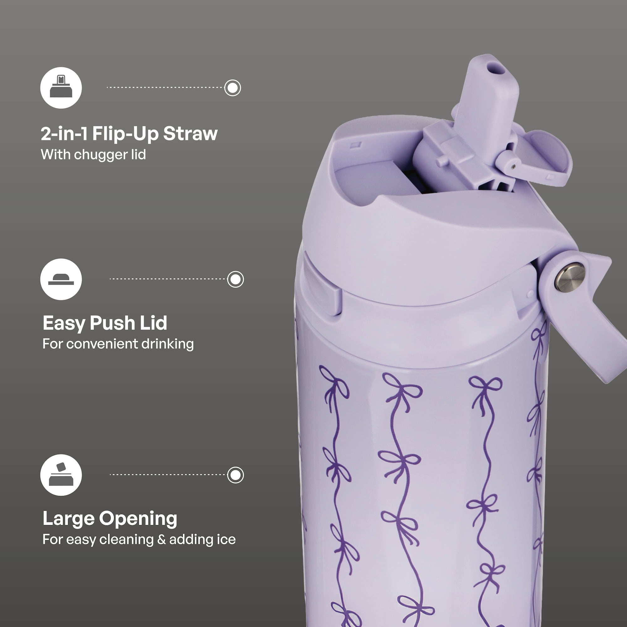 TAL 24oz Insulated Stainless Steel Water Bottle with 2-in-1 Straw & Chug Lid, Purple Bows
