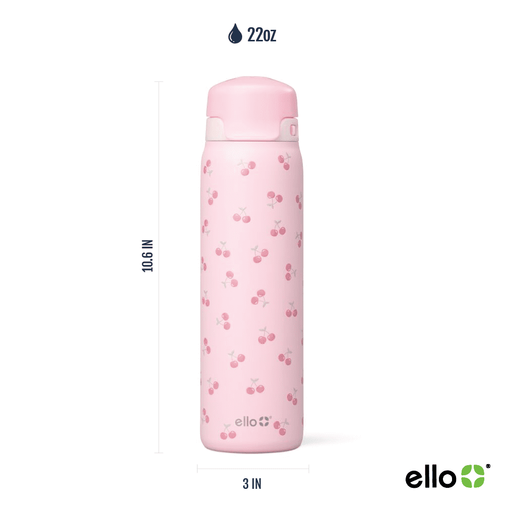 Ello Flip & Fill 22oz Insulated Stainless Steel Water Bottle, Leak-Proof Straw Lid, Cherries