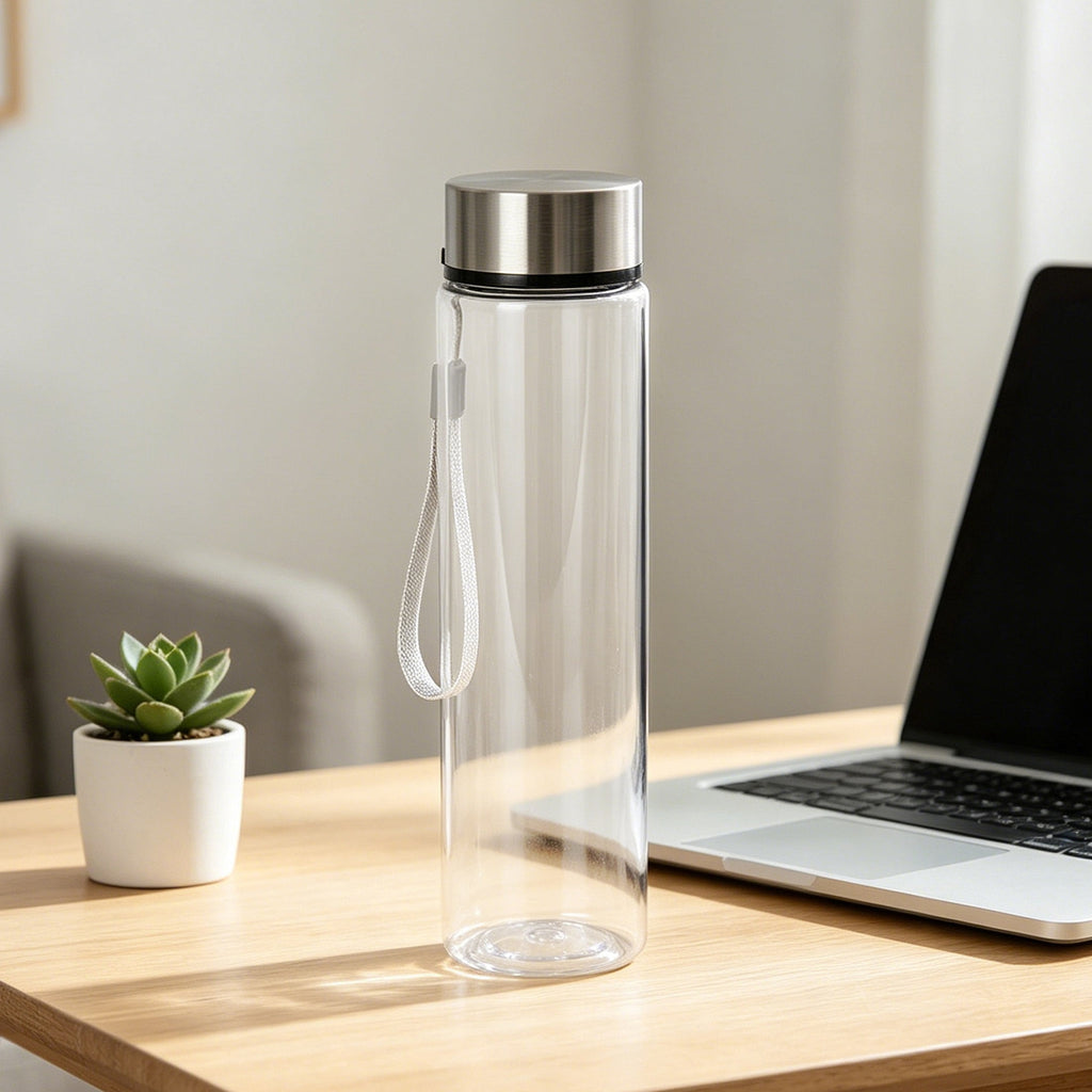 Mainstays 18 oz Plastic Clear Water Bottle Stainless Steel Screw Cap Lid with Strap, 1 Each Included