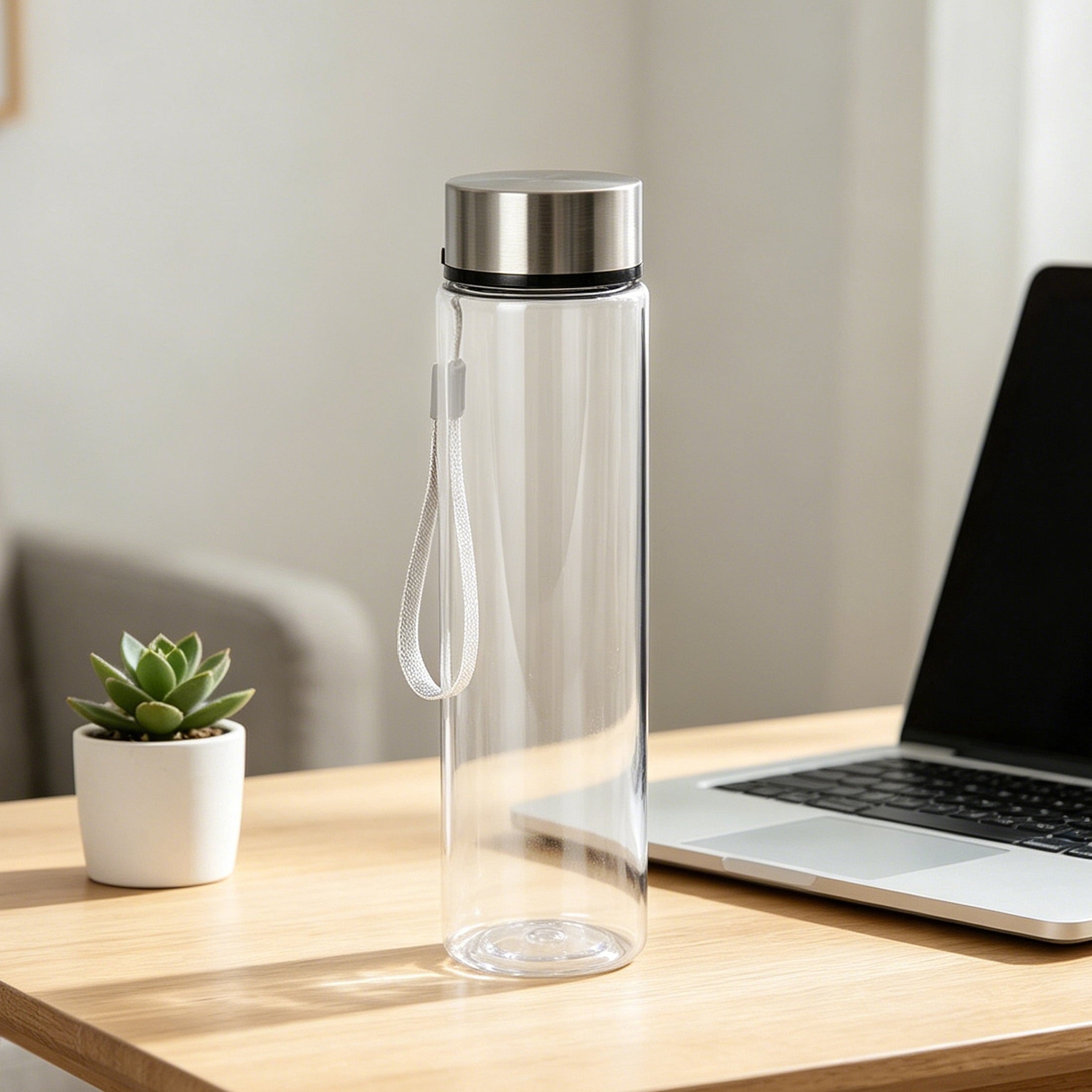 Mainstays 18 oz Plastic Clear Water Bottle Stainless Steel Screw Cap Lid with Strap, 1 Each Included
