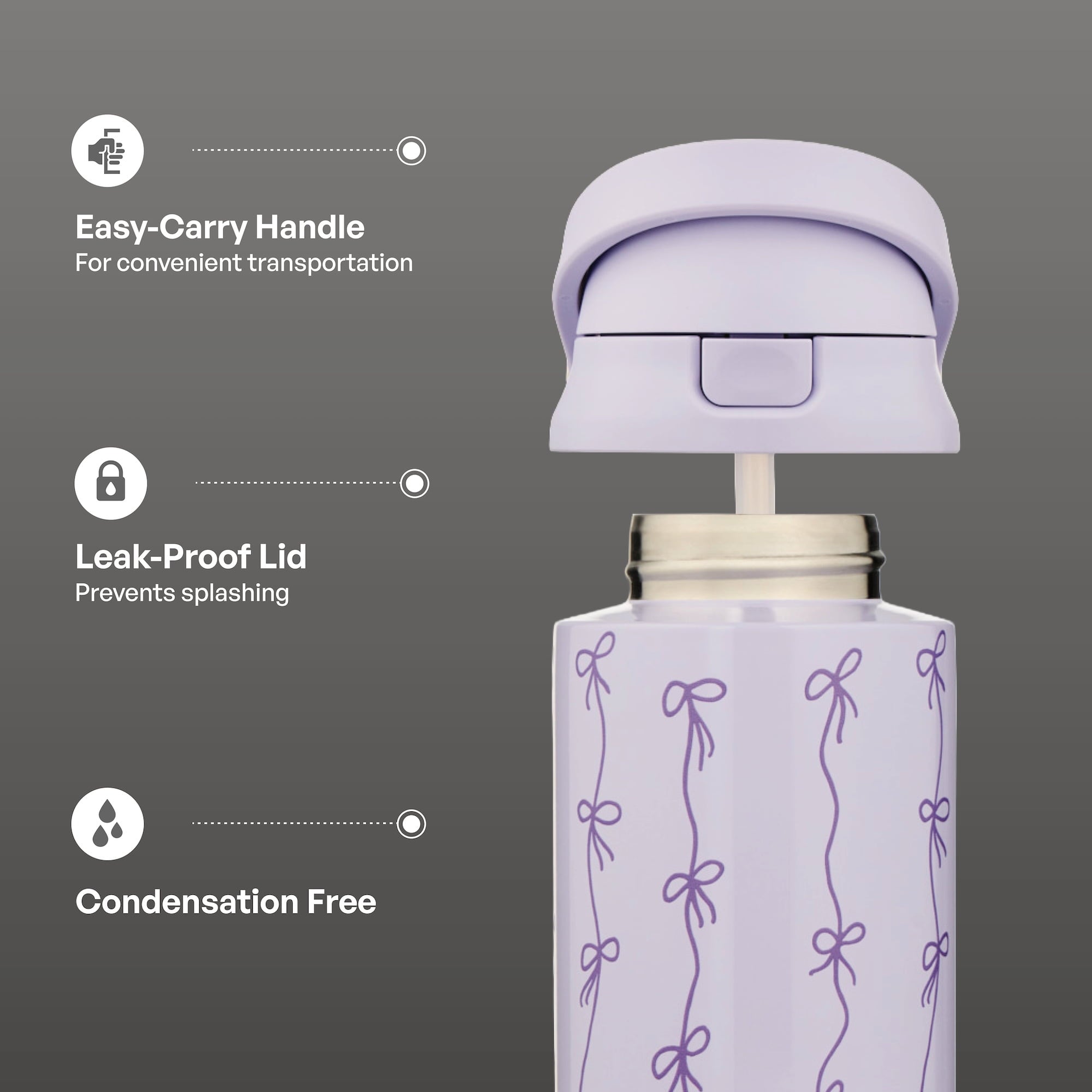 TAL 24oz Insulated Stainless Steel Water Bottle with 2-in-1 Straw & Chug Lid, Purple Bows