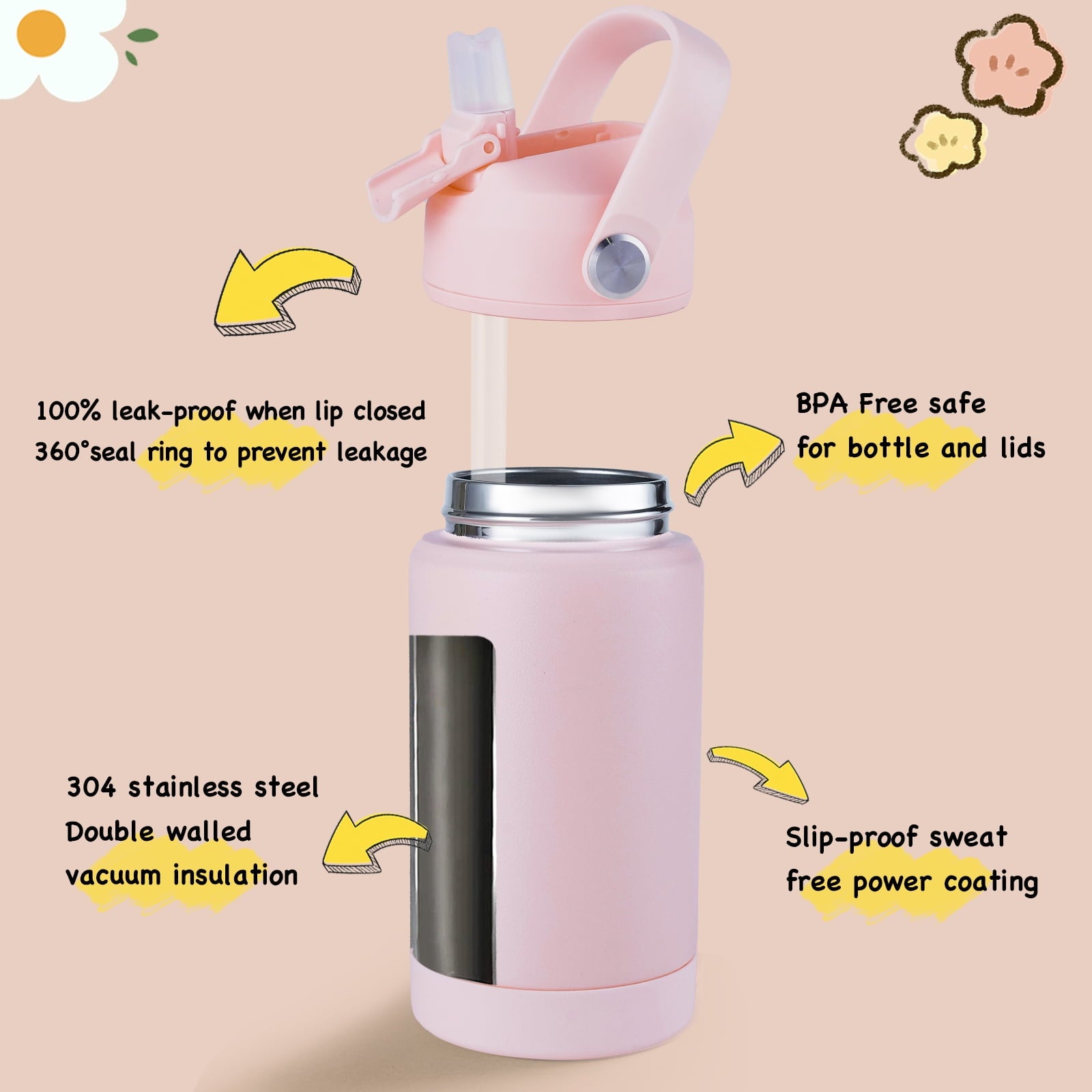 Hawsaiy 12oz Kids Insulated Water Bottle with Straw Lid, Leak-Proof Stainless Steel BPA-Free Thermos for School Boys and Girls