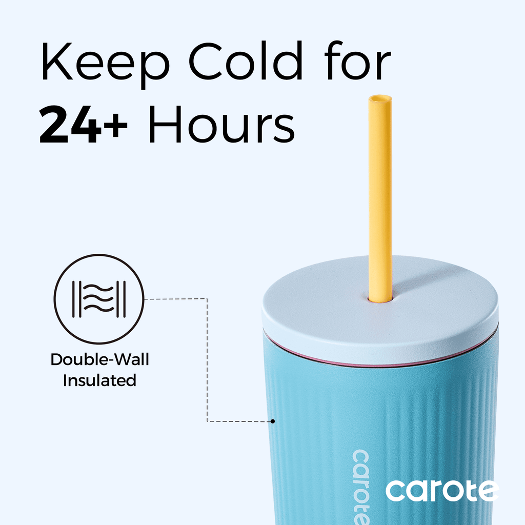 Carote 2PCS Insulated Stainless Steel Tumbler, Highlight Series Water Bottles, 19 fl oz & 21 fl oz, Straw/Push, Blue