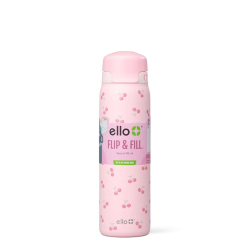 Ello Flip & Fill 22oz Insulated Stainless Steel Water Bottle, Leak-Proof Straw Lid, Cherries