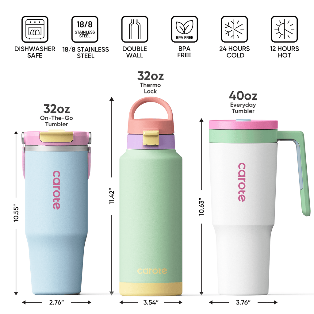 Carote 3pcs Insulated Stainless Steel Water Bottle Set, 40oz & 32oz Travel Bottles, Leak-Proof, Tumbler Style, Mint Berry