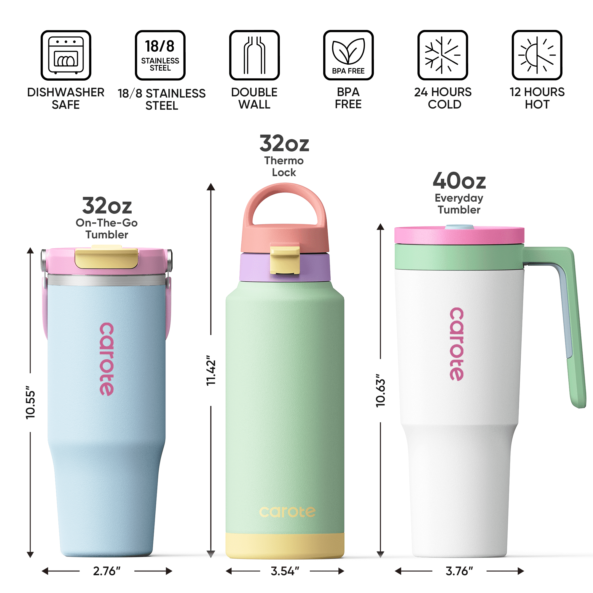 Carote 3pcs Insulated Stainless Steel Water Bottle Set, 40oz & 32oz Travel Bottles, Leak-Proof, Tumbler Style, Mint Berry