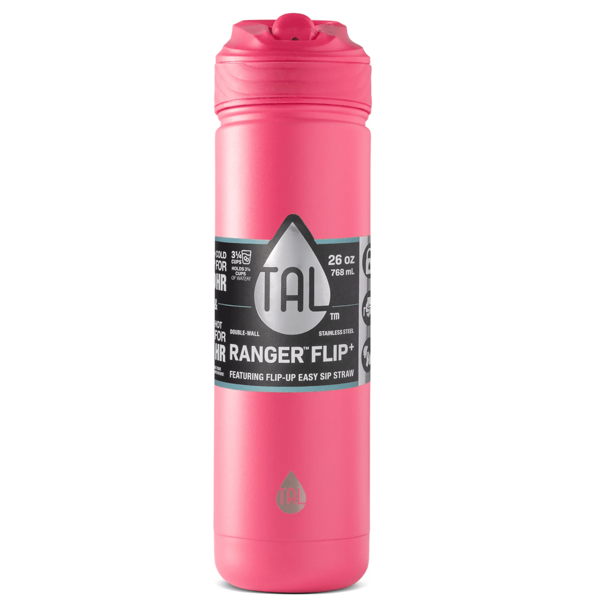 TAL 26oz Stainless Steel Ranger Water Bottle with Easy Sip Straw, Hot Pink