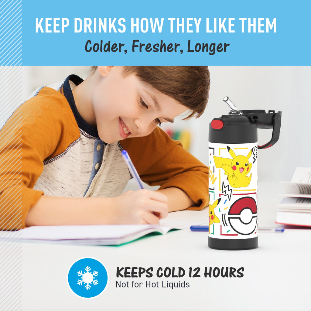 Thermos FUNtainer Pokemon Kids Insulated Water Bottle with Straw, 14oz Stainless Steel, Leak-Proof