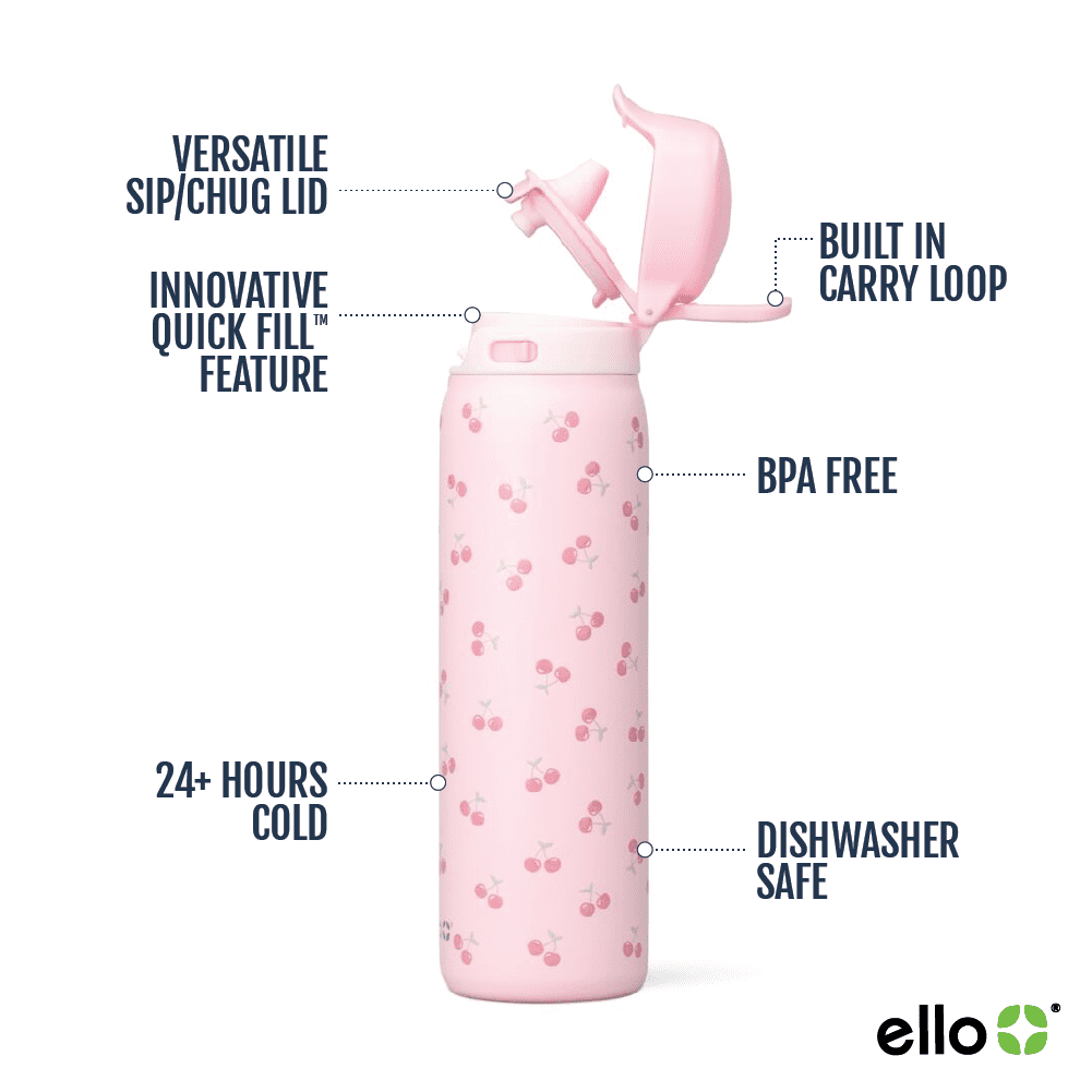 Ello Flip & Fill 22oz Insulated Stainless Steel Water Bottle, Leak-Proof Straw Lid, Cherries