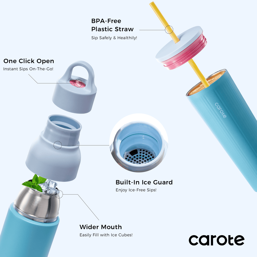 Carote 2PCS Insulated Stainless Steel Tumbler, Highlight Series Water Bottles, 19 fl oz & 21 fl oz, Straw/Push, Blue