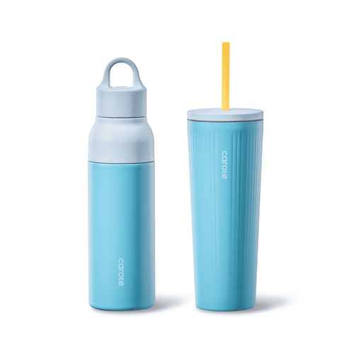 Carote 2PCS Insulated Stainless Steel Tumbler, Highlight Series Water Bottles, 19 fl oz & 21 fl oz, Straw/Push, Blue