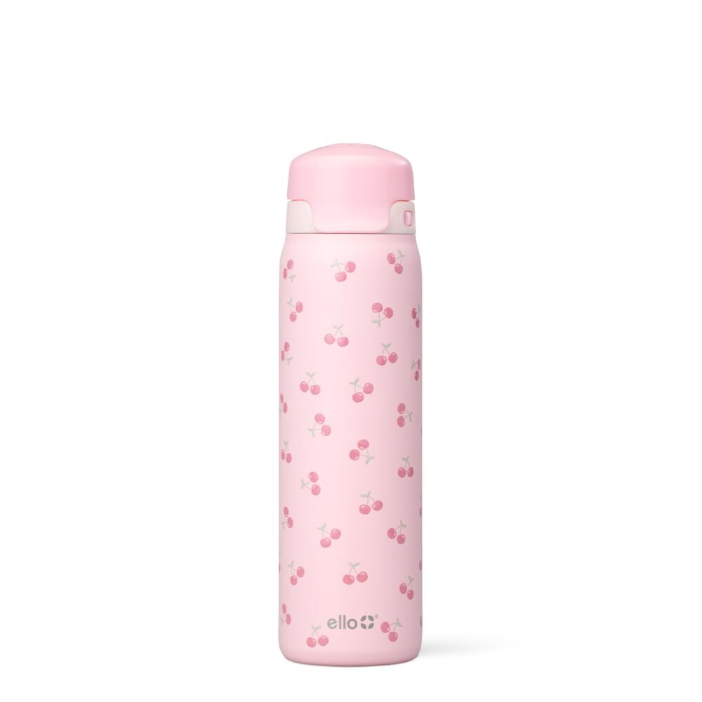 Ello Flip & Fill 22oz Insulated Stainless Steel Water Bottle, Leak-Proof Straw Lid, Cherries