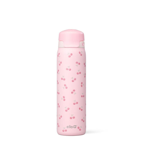 Ello Flip & Fill 22oz Insulated Stainless Steel Water Bottle, Leak-Proof Straw Lid, Cherries