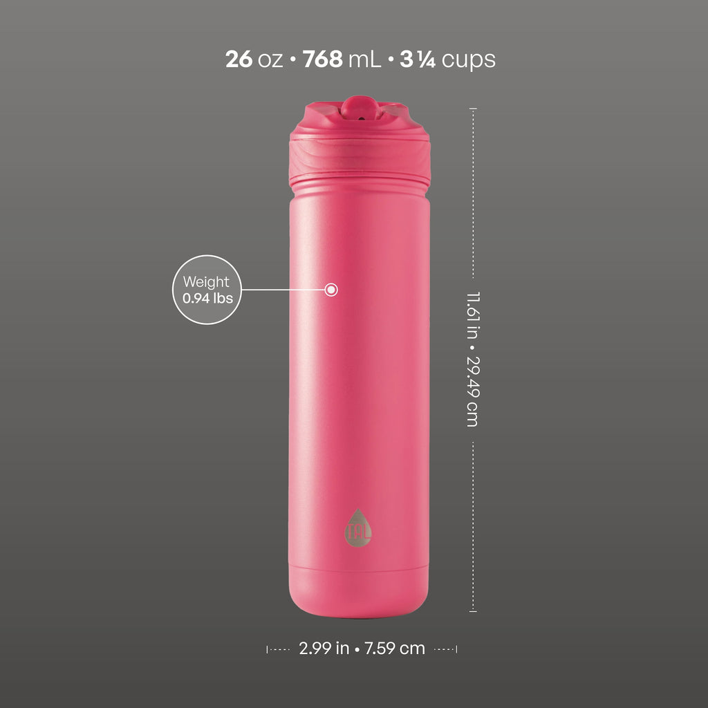 TAL 26oz Stainless Steel Ranger Water Bottle with Easy Sip Straw, Hot Pink