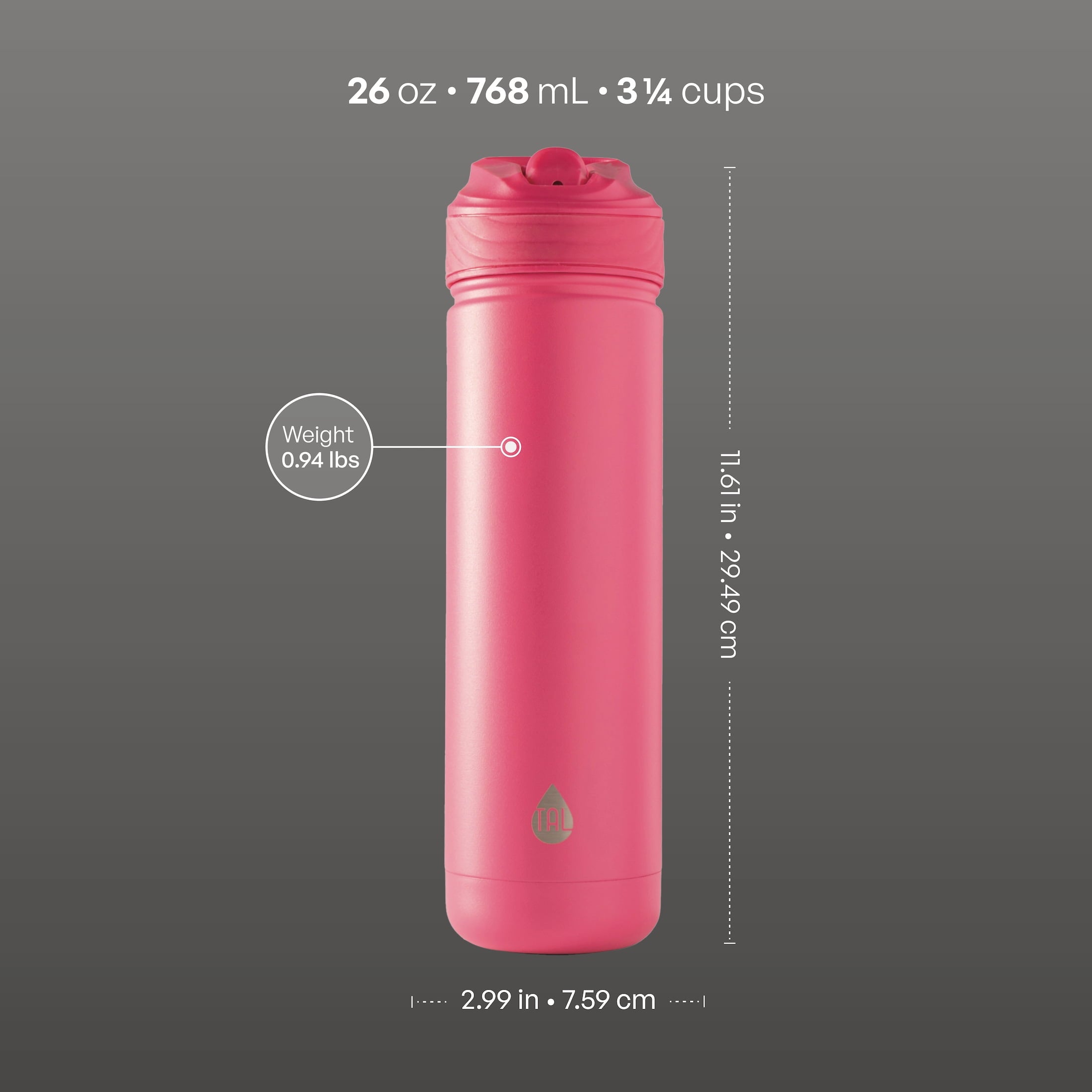 TAL 26oz Stainless Steel Ranger Water Bottle with Easy Sip Straw, Hot Pink