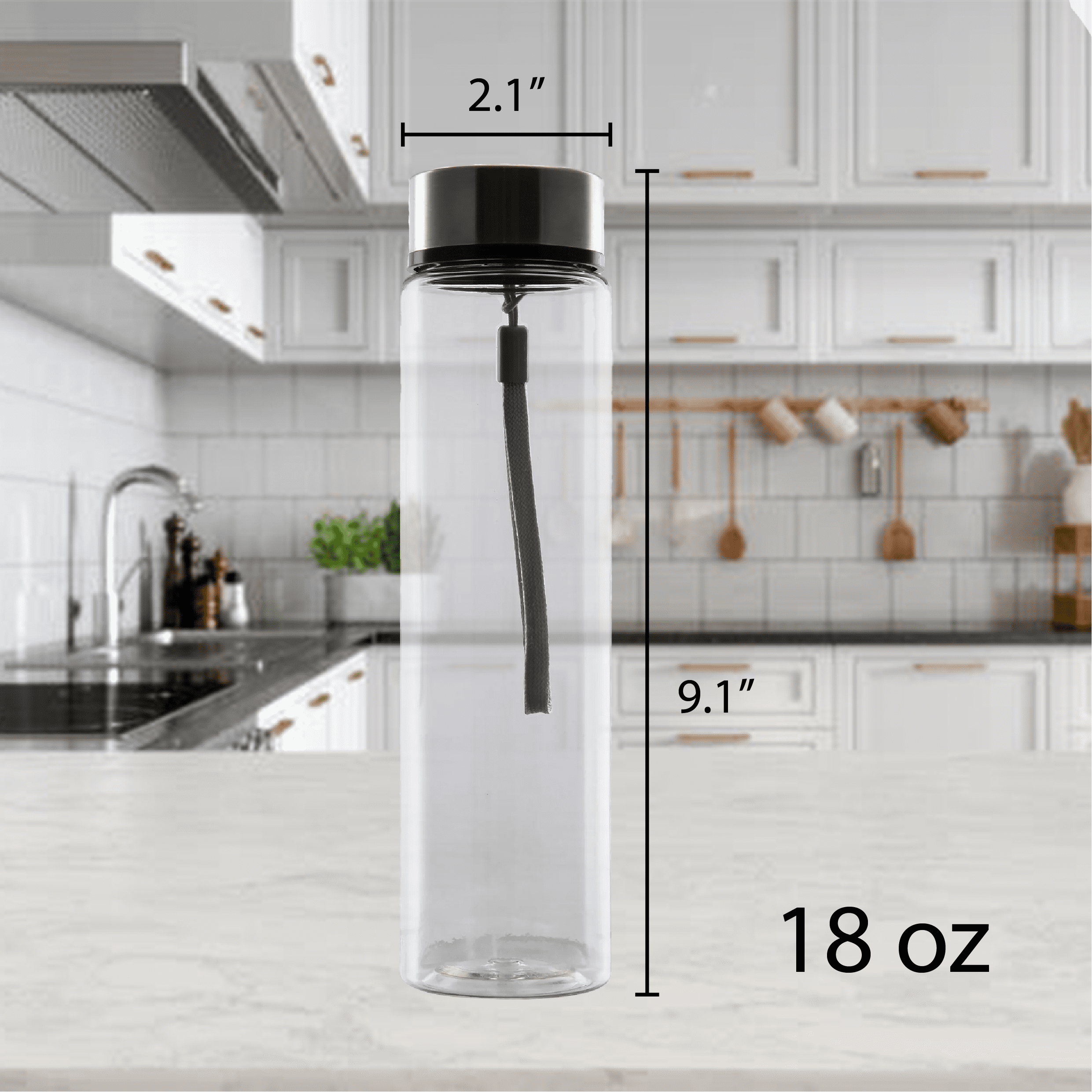 Mainstays 18 oz Plastic Clear Water Bottle Stainless Steel Screw Cap Lid with Strap, 1 Each Included