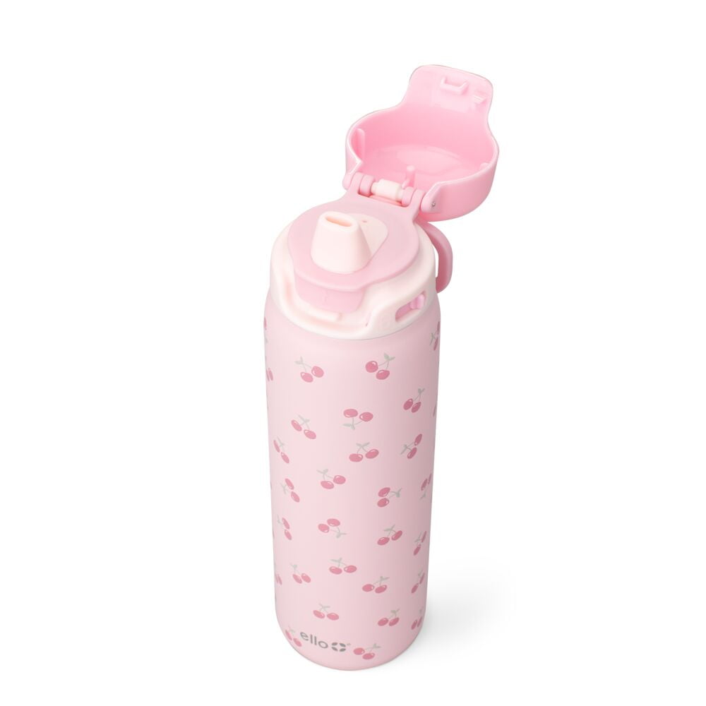 Ello Flip & Fill 22oz Insulated Stainless Steel Water Bottle, Leak-Proof Straw Lid, Cherries