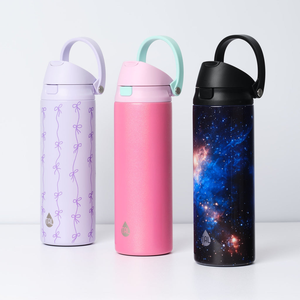 TAL 24oz Insulated Stainless Steel Water Bottle with 2-in-1 Straw & Chug Lid, Purple Bows