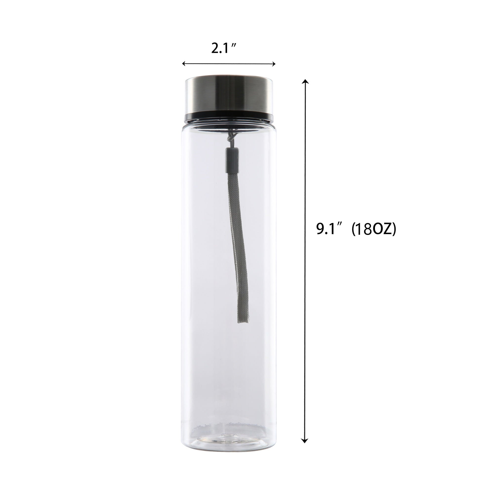 Mainstays 18 oz Plastic Clear Water Bottle Stainless Steel Screw Cap Lid with Strap, 1 Each Included