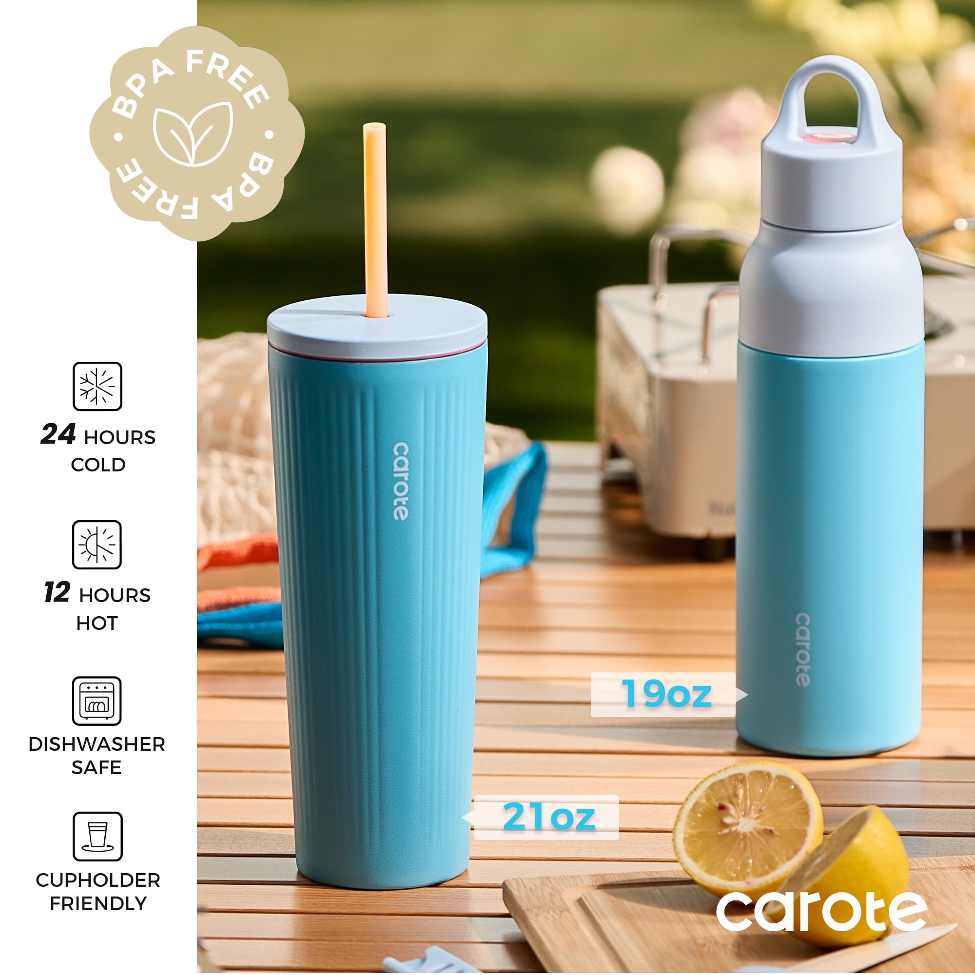 Carote 2PCS Insulated Stainless Steel Tumbler, Highlight Series Water Bottles, 19 fl oz & 21 fl oz, Straw/Push, Blue