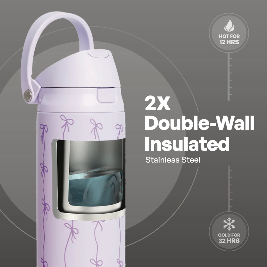 TAL 24oz Insulated Stainless Steel Water Bottle with 2-in-1 Straw & Chug Lid, Purple Bows