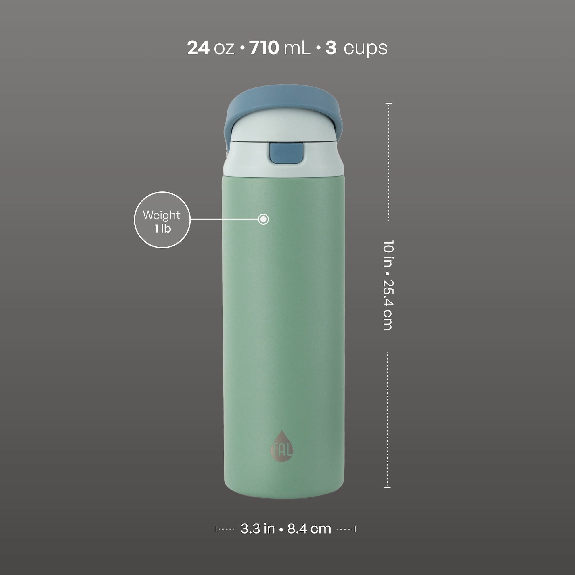 TAL 24oz Stainless Steel 2-in-1 Straw and Chug Water Bottle with Push Lid, Sage